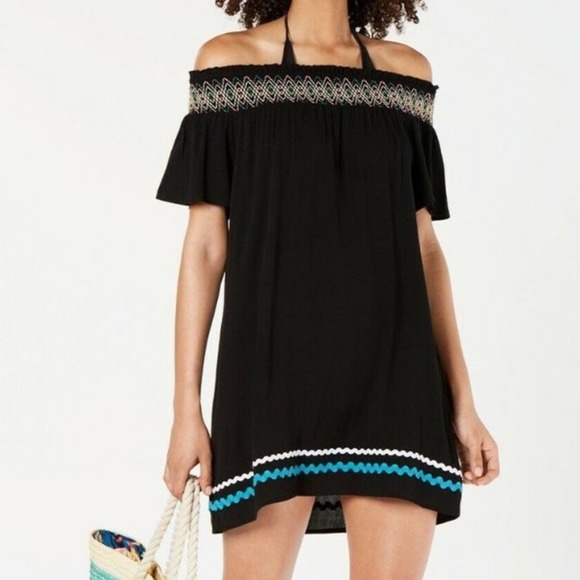 MIKEN SWIM Women's Navy Blue Off Shoulder Smocked Neckline Swim Cover-up sz S - Picture 2 of 5